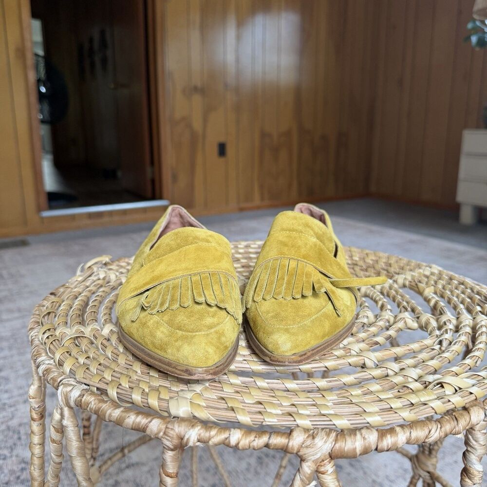 Matiko Anthropologie Suede Leather Loafers Mustard Size 38 Fringe Pointed Toe - Picture 8 of 10